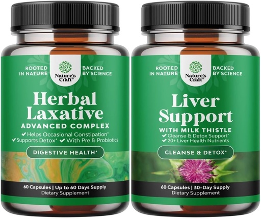 [BRSW2HANDEBR6HY7] Bundle of Herbal Laxative Capsules with Probiotics and Milk Thistle Liver Support Supplement - Natural Colon Detox Digestive Support System - Herbal Liver Supplement with Silymarin Milk