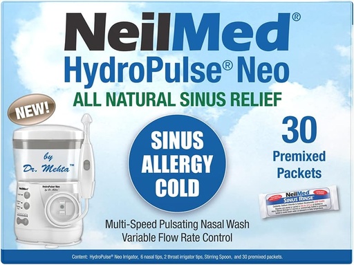 [BRSW2EIFDMHAKH37] NeilMed HydroPulse Neo. Multi-Speed Electric Pulsating Nasal Sinus Irrigation System with 30 Sinus Rinse Premixed Packets.