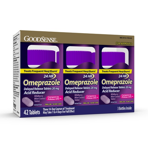 [BRSWKHQEBQFRAHQ7] GoodSense Omeprazole, Compare to Prilosec, Delayed Release Tablets 20 mg, Acid Reducer, Wildberry Mint Coated Tablet, 42 Count