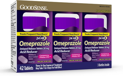 [BRSWKHQEBQFRAHQ7] GoodSense Omeprazole, alderatuta Prilosec-ekin, atzeratutako pilula 20 mg, Acid Reducer, Wildberry Mint Coated Tablet, 42 Count