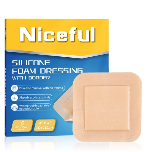 [BRSW2AA7C4MGYC3P] Niceful Silicone Foam Dressing 4"x4", Waterproof Silicone Bandages with Border Adhesive, High Absorbency Bed Sore Bandages Wound Care Dressing (2.5"X2.5" Pad), 5 Packs, FSA HSA Eligible | Bordered Silicone Foam, 5-Layer Exudate Lock, Waterproof Painless Removal, Mild-Moderate Wounds