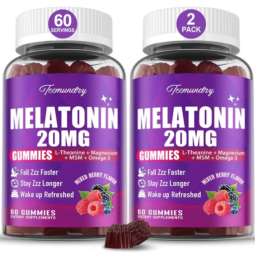 [BRSRAFAYOJYQM2TF] Melatonin Gummies 20mg for Adults - Maximum Strength Melatonin Gummies with L-Theanine, Magnesium, Omega-3, MSM, D3 & Zinc - Non-Habit Forming, Vegan, Non GMO, Natural Mixed Berry Flavor