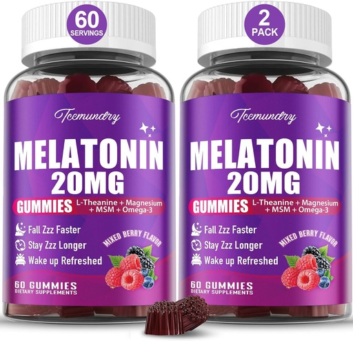 [BRSRAFAYOJYQM2TF] Melatonine Gummies 20mg voor volwassenen - Maximale sterkte Melatonine Gummies met L-Theanine, Magnesium, Omega-3, MSM, D3 & Zink - Non-Habit Forming, Vegan, Niet GGO, Natuurlijke gemengde Berry Flavor