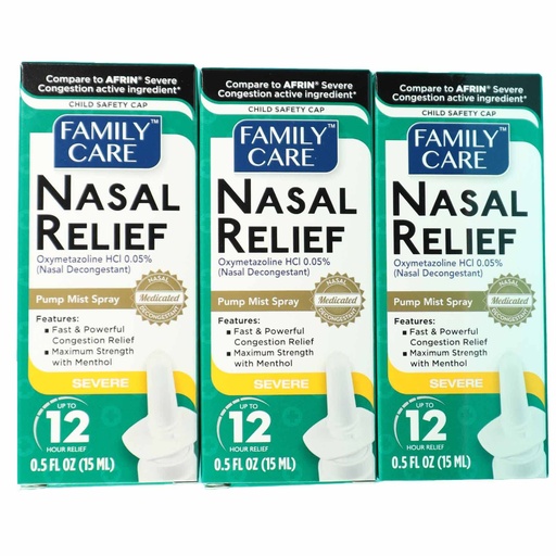 [BRSWGAQNBF4GOYLV] FamilyCare Nasal Relief Spray, Pump Mist, Anti-drip, Severe Congestion, (Oxymetazoline HCI) 12 Hours, 3 Pack