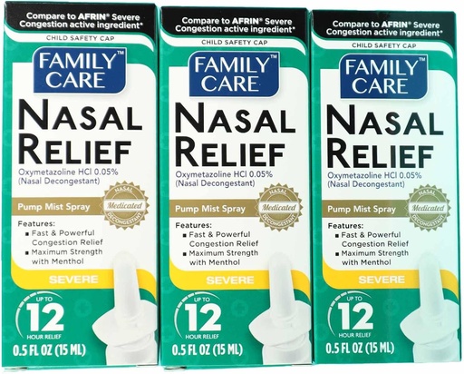 [BRSWGAQNBF4GOYLV] FamilyCare Nasal Relief Spray, Pump Mist, Anti-picurare, Congestie Severă, (Oximetazolină HCI) 12 ore, 3 Pack