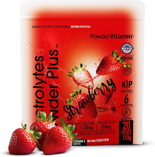 [BRSRAHQTCMMRQCTB] PowderVitamin Electrolytes Powder Plus (20 Servings) Strawberry Electrolyte Powder, No Maltodextrin, Keto,Sugar Free,Pink Himalayan Salt,1000mg Potassium,120mg Calcium,120mg Magnesium,Hydration Powder