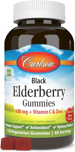 [BRSWYHQNC4PWKG3H] Carlson - Black Elderberry Gummies, with Vitamin C & Zinc, Immune Support, 120 Gummies