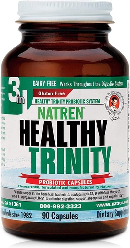 [BRSWIYIMOUDAMDLA] Natren Healthy Trinity Probiotics Supplement - 90 Dairy and Gluten Free Gel Capsules - Improve Gut and Digestive Health, 30 Billion CFU - Lactobacillus Acidophilus, Bifidobacterium, Bulgaricus