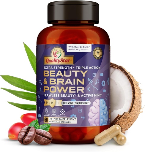 [BRSROGAKCJ5QMYLL] Beauty & Brain Power, Extra Strength + Triple Action Cerveau Supplément, Vitamines de la peau pour la beauté sans défaut, Beauté & Brain Health Suppléments pour adultes, 60 Capsules végétariennes