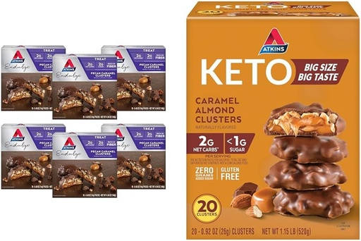 [BRSRAY33CB6RGG3A] Аткинс Pecan Caramel & Caramel Almond Clusters, 60 & 20 Count, High Fiber, Low Sugar, Low Carb