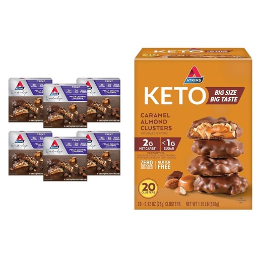 [BRSRAY33CB6RGG3A] Atkins Pecan Caramel & Caramel Almond Clusters, 60 & 20 Count, High Fiber, Low Sugar, Low Carb