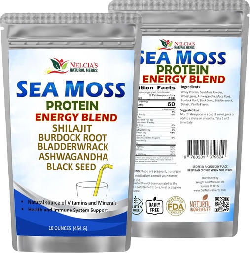 [BRSROCANB4NGODQY] NELCIA'S NATURAL HERBS Sea Moss Ashwagandha Protein Powder -Natural Irish Sea Moss, Bladderwrack and Burdock Root, Black Seed and Shilajit Powder (16oz)