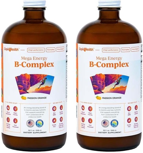 [BRSRMHQ5B4ARSFA7] LIQUIDHEALTH Mega Energy Methylated B-Complex, Adult Liquid Vitamin Addition - повишаване на енергията, облекчаване на стреса и умората, Имунна подкрепа, Heart & Gut Health - Made in USA, Vegen, Sugar-Free (2 Pack)