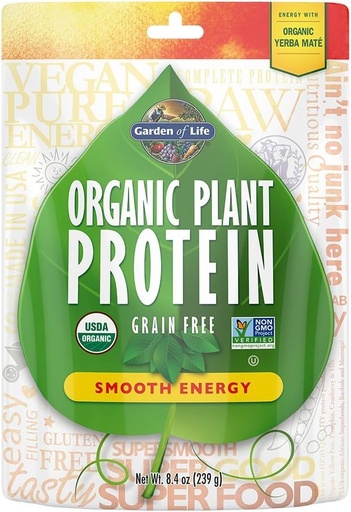 [BRSWIADZOUDWYHQ5] Garden of Life Organic Plant Protein Smooth Energy Powder, 10 Servings - Vegan, Grain Free & Gluten Free Plant Based Protein Shake with Yerba Mate, Vitamin B12, Probiotics & Enzymes, 15g Protein