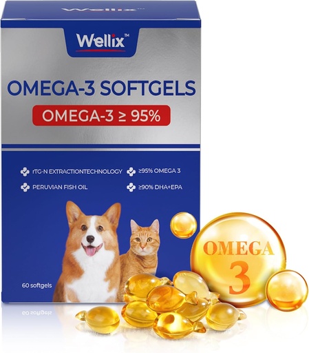 [BRSRAGAZPMCRODI4] Wellix Pure Omega 3 Fish Oil for Dogs & Cats, Skin and Coat Supplement for Shedding, Promotes Heart, Skin, Coat, Joint, & Immune Health， Over 95% Omega 3, Rich in EPA + DHA, 60 Softgels