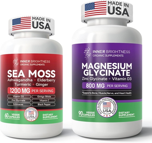 [BRSRA2YDAUIGGYLA] Ultimate Wellness Bundle: All-in-1 Sea Moss Advanced + Magnesium Glycinate for Energy, Immune, Sleep & Heart Health - 60ct Sea Moss Pills + 90 Vegetarian Capsules