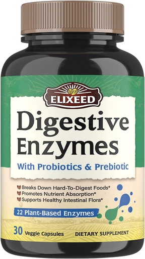 [BRSRMGITOQMRAADX] Digestive Enzymes Plus Probiotics & Prebiotics, 22 Digestive Enzymes with Amylase, Protease, Lactase & More, Maximum Strength, for Healthy Digestion, Vegan, Non-GMO, 30 Caps