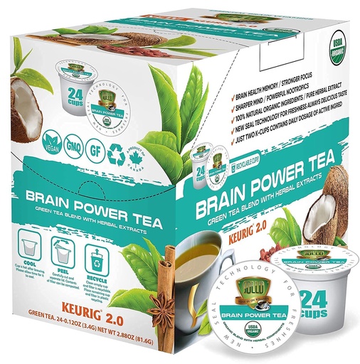 [BRSW2YANCQCRGYA3] SOLLO Brain Power Organic Green Tea Pods with MCT, Acai & Essential nutrition, Nootropic Brain Booster- Mejora la memoria y el foco Compatible con 2.0 K-Cup Keurig Brewers, 24 Ct