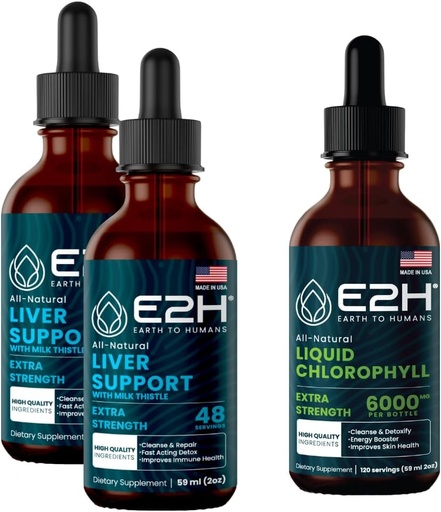 [BRSROHT4PJ6Q2G34] E2H: Liver Support Supplement (2 Pack - 4 Fl Oz) and Chlorophyll Liquid Drops (Single Bottle - 2 Fl Oz) | Vegan, Non-GMO - (6 Fl Oz Total) - Bundle