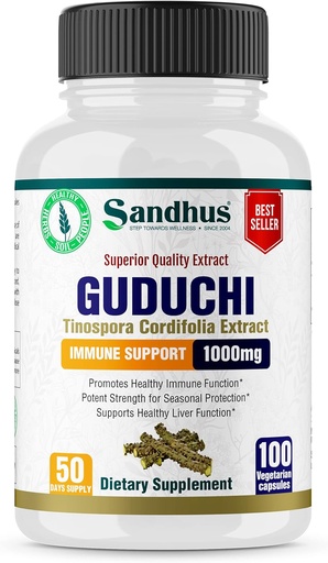 [BRSWYZAEPN6RMD32] Sandhu's Guduchi (Tinospora Cordifolia) Giloy 100 Kasvissyöjä Kapselit Immunosupport 1000mg per tarjoilu