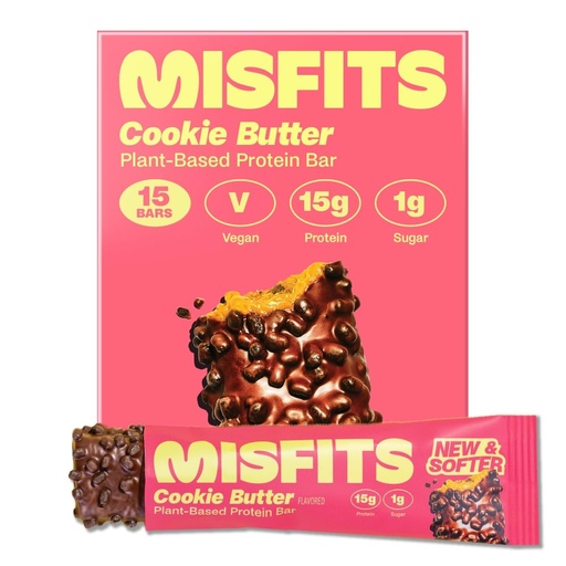 [BRSW2EL3A54AI3LL] Misfits Vegan Protein Bars, Cky Butter - Updated Recipe , Plant Based, Low Sugar &amp; Carb, High Fiber Snacks  of Pack of 15