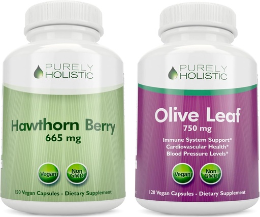 [BRSROFQYOACAOGY2] Purely Holistic Hawthorn Berry 665mg + Olive Leaf Extract 750mg Bundle + 270 Vegan Capsules - Made in The USA