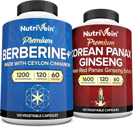 [BRSRABTQDJYQEFYV] Nutrivein Premium Korean Panax Ginseng Supplement & Berberine Supplements Bundle: Complexo Berberine de alta absorção & Genuine Red Ginseng Bundle for Daily Clarity, Vitality, & Wellness
