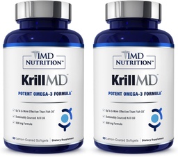 1MD Nutrition KrillMD - Antarctic Krill Oil Omega 3 Supplement with Astaxanthin, EPA, DHA | 2X More Effective Than Fish Oil | 60 Softgels (2-Pack)