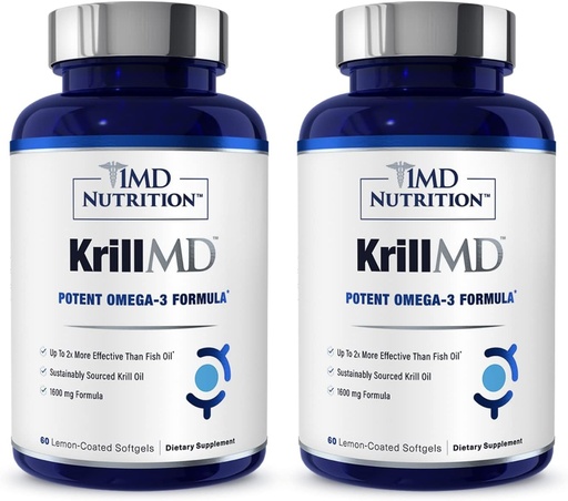 [BRSW2BINBEHGK2A4] 1MD Nutrition KrillMD - Antarctic Krill Oil Omega 3 Supplement with Astaxanthin, EPA, DHA | 2X More Effective Than Fish Oil | 60 Softgels (2-Pack)