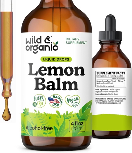 [BRSROY33DIAWAGTJ] Wild & Organic Lemon Balm Tincture - Mood Support Supplement - Melissa Lemon Balm Leaf Extract Drops - Vegan, Sugar & Alcohol-Free Calming Supplement - 4 fl oz