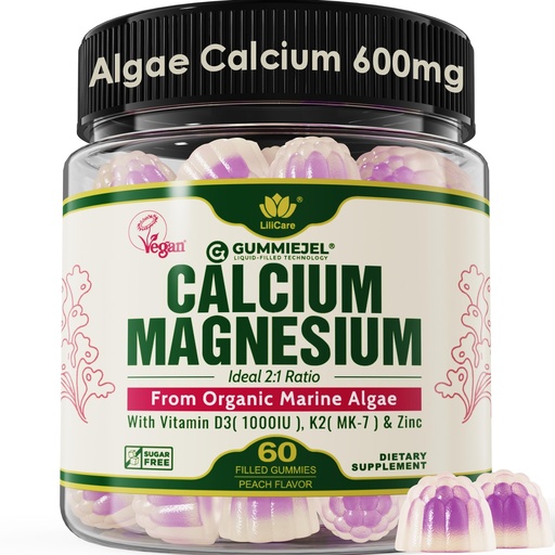 [BRSROZYKBMCQIYLO] Plant Based Calcium Gummies 600mg with Vitamin D3 K2, Magnesium, Zinc for Bone Strength, Sugar Free Calcium Supplements for Women & Men (Certified Vegan) from Sustainably Organic Red Algae - 60 Counts