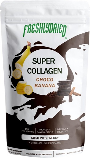 [BRSROA35OQBRY3YZ] Freshlydried Collagen Peptides & ChocoBanana Powder – Supports Hair, Skin, Nails, Bones & Joints – Type I & III Grass-Fed Collagen + Probiotics – Chocolate Banana Cinnamon Flavor – 10 Servings, 6 oz