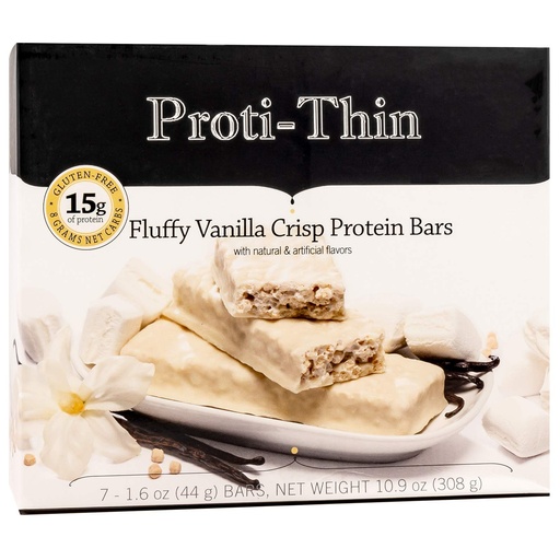 [BRSWGZYEOEIQY3AV] Proti-Thin Fluffy Vanilla Crisp Protein Bars, 15g Protein, Low Calorie, Very Low Carb (VLC), Low Fat, High Fiber Snack Bar, KETO Diet Friendly, Ideal Protein Compatible, No Gluten Ingredients, 7 /Box