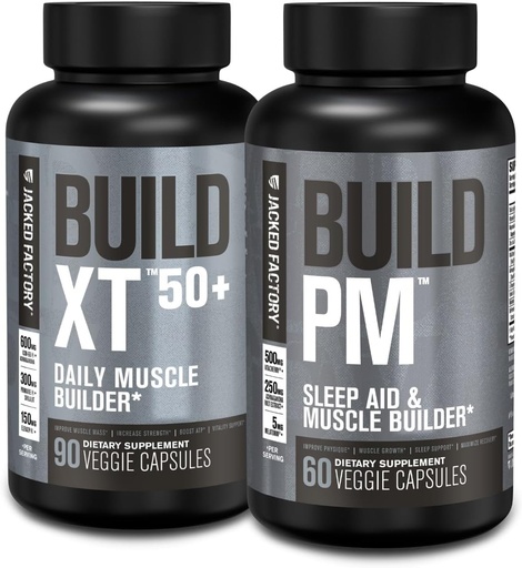 [BRSRAGANCJYAYEY7] Jacked Factory Build-XT 50+ Daglig muskelbygger (90 kapsler) & Bygg PM Night Time Muscle Builder & Sleep Aid (60 kapsler) for muskelvekst, vitalitet, og gjenoppretting