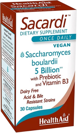 [BRSWIHQ4OQGWYADO] Sacardi Saccharomyces Boulardii – en gang daglig med vitamin B3 & FOS | 5 milliarder CFU | 30 vegantabletter | Dairy-free & acid-Resistant
