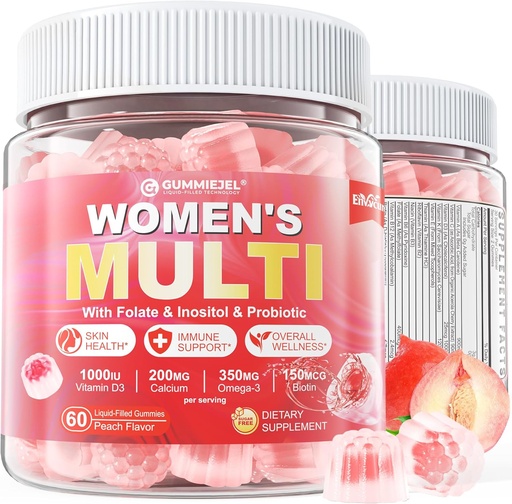 [BRSROAALPMMQIDTG] Multivitamine Gummies voor vrouwen zonder suiker - Vrouwen Gemethyleerde Multivitamine Gevulde Gummies met Omega-3, Enzymen & Antioxidant Blend ter ondersteuning van de algehele gezondheid, immuniteit, haar, nagels & huidgezondheid - 60 ct