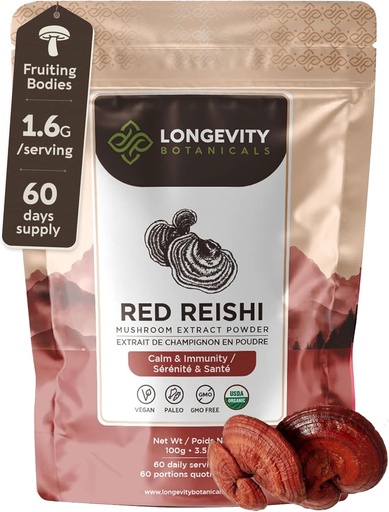 [BRSWKE37OR6BSDT2] Longevity Botanicals Organic Reishi Mushroom Extract Powder 100g | Concentrated 10:1 Ratio | 100% Fruiting Bodies | Lingzhi (Ganoderma lucidum) Natural Supplement for Immune, Stress & Sleep Support