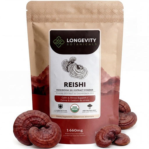 [BRSWKE37OR6BSDT2] Longevity Botanicals Organic Reishi Mushroom Powder Supplement Extract 100g | Ganoderma Lucidum Fruiting Body | ≥30% Beta-D-Glucans | 60 Servings of 1,660mg | Supports Stress & Immune Wellness
