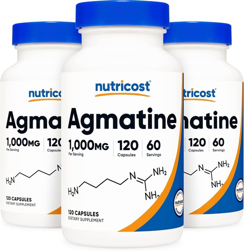 [BRSWG23QOB6R4C36] Nutricost Agmatine Sulfate 1000mg, 120 Капсули (3 пляшки) - Глютен Безкоштовно, Non GMO, 500mg Per Capsule