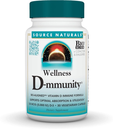 [BRSW2HANBYAWOCD5] Source Naturals Wellness D-mmunity, Bio-Aligned Vitamin D Immune Formula, Supports Optimal Absorbtion and Utilization*, 125 mcg (5,000 IU) D-3-30 Vegetarian Capsules