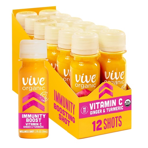[BRSWYCY3O5YWKFDB] Vive Organic Vitamin C + Immune Support Shot, Cold-Pressed Turmeric, Ginger & Acerola Cherry, Gluten Free, Vegan, Immunity Boost Vitamin C, 2 Fl Oz (Pack of 12)