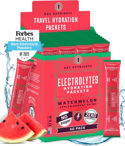 [BRSW2GITBZ7QGCDG] KEY NUTRIENTS Electrolytes Powder Packets - Refreshing Watermelon 40 Pack Hydration Packets - Travel Hydration Powder - No Sugar, No Calories, Gluten Free - Made in USA