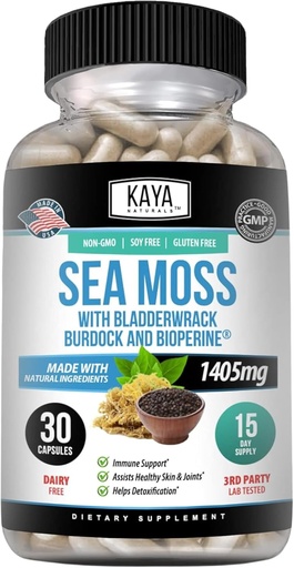 [BRSRMZI2B4GQOFDD] Kaya Naturals Sea Moss - Mobilitātes papildinājums vīriešiem un sievietēm - ar dadzis saknes, Īrijas moss, Bladderwrack, un BioPerine - mobilitātes veselības un imūno Boost, 30 Count