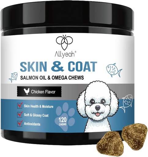 [BRSROAI5OYMWKYDP] Omega 3 Fish Oil for Dogs, Salmon Oil Skin and Coat Supplement for Dogs Dog Allergy Relief, Dry & Itching Skin Relief Treatment, Allergy Chews - Dog Anti Shedding Treats - Shiny Coats - EPA & DHA
