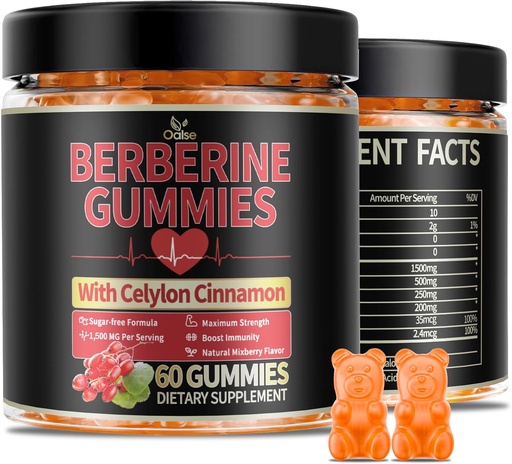 [BRSRAH3RBZ4B62DP] Berberine GLP-1 Gummies med Berberine HCI, Milk Thistle, Ceylon Cinnamon, Pluschro m til mænd og kvinder, Energy Boost, Body Support, Sugar Free (60 CT, 1 Pack)