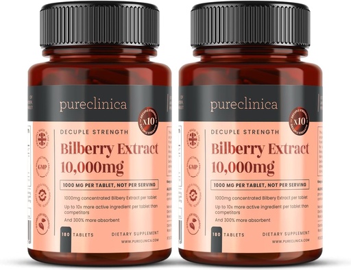 [BRSWGYINA5YGOALB] pureclinica Bilberry Extract 10,000mg x 360 Tablets (2 Bottles) - 10 X More Anthocyanidins w/ 5mg Black Pepper Extract