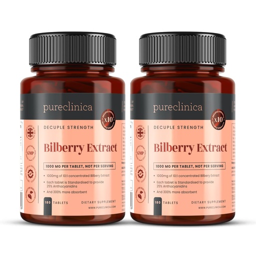 [BRSWGYINA5YGOALB] pureclinica Bilberry Extract 1000mg (10:1) per Tablet – High Strength Concentrated Formula – 360 Tablets (2 Bottles) – 12 Month Supply