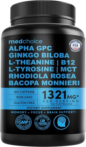 [BRSRMGIYDMBGMA3B] 12-in-1 Nootropic Ginkgo Biloba for Brain Support, Memory and Focus - B12, Alpha GPC, L Theanine and Choline Supplements with Bioperine Non Caffeinated 1321mg (60ct)