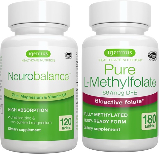 [BRSROFQKOQPBMDTA] Neurrobalance Zinc, Magnesium & Vitamin B6 + Pure Folate 400mcg Vegan Bundle, Cheriated Zinc Picolinate 24mg, Oxide- Free Magnesium & Vitamin B6 + Optiminated L- Methyfolat, oleh Igennus