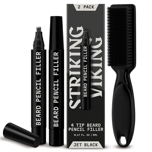[BRSW2EACOEDRQ2DZ] Striking Viking Beard Pencil Filler for Men - Pack of 2, Jet Black - Waterproof Long-Lasting Beard Pen - 4-Pronged Tip for Gap Repair & Barber Pencil - Soft Bristle Brush & Pen Filler